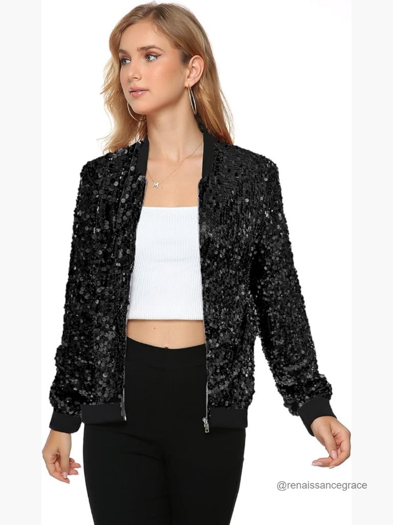Long Sleeve Sequin Open Front Zipper Jacket With Ribbed Cuffs